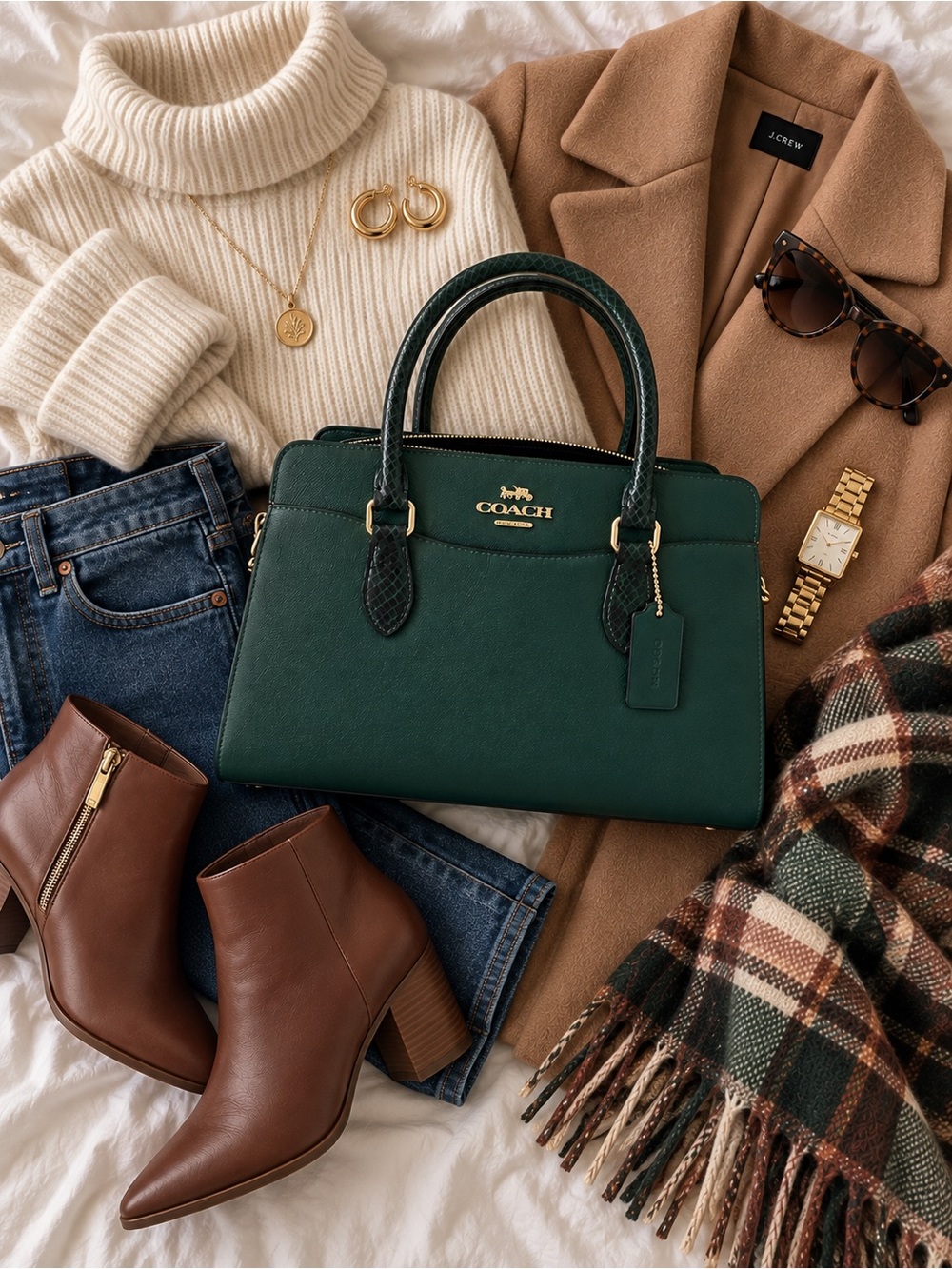 COACH Darcie Carryall Green Leather Satchel with Gold Hardware